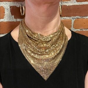 Gold-Tone Metal Mesh Statement Necklace – Triangle Bib Style